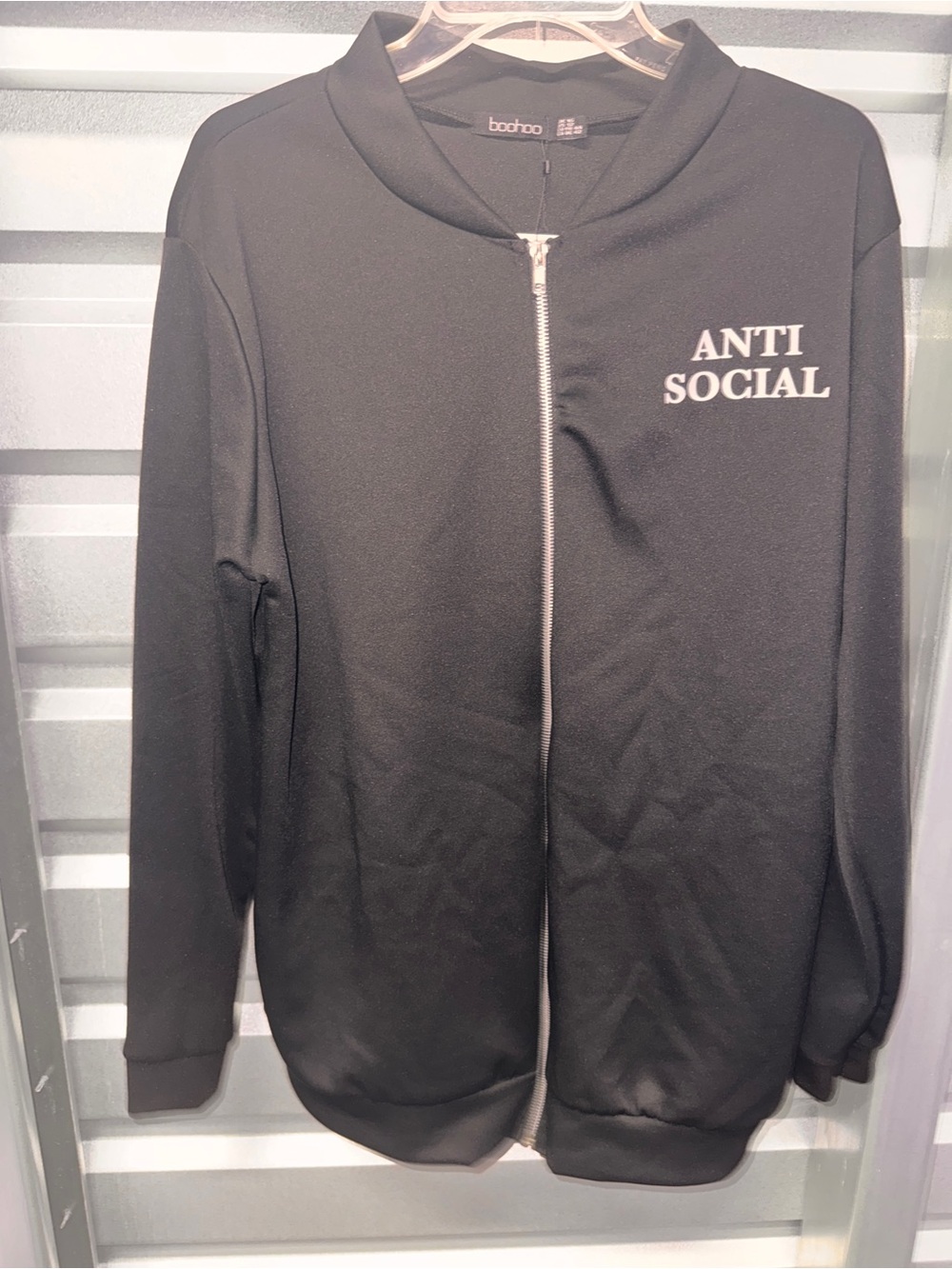 Boohoo Black Zip-Up Sweater with 'ANTI SOCIAL' Print US12 UK16